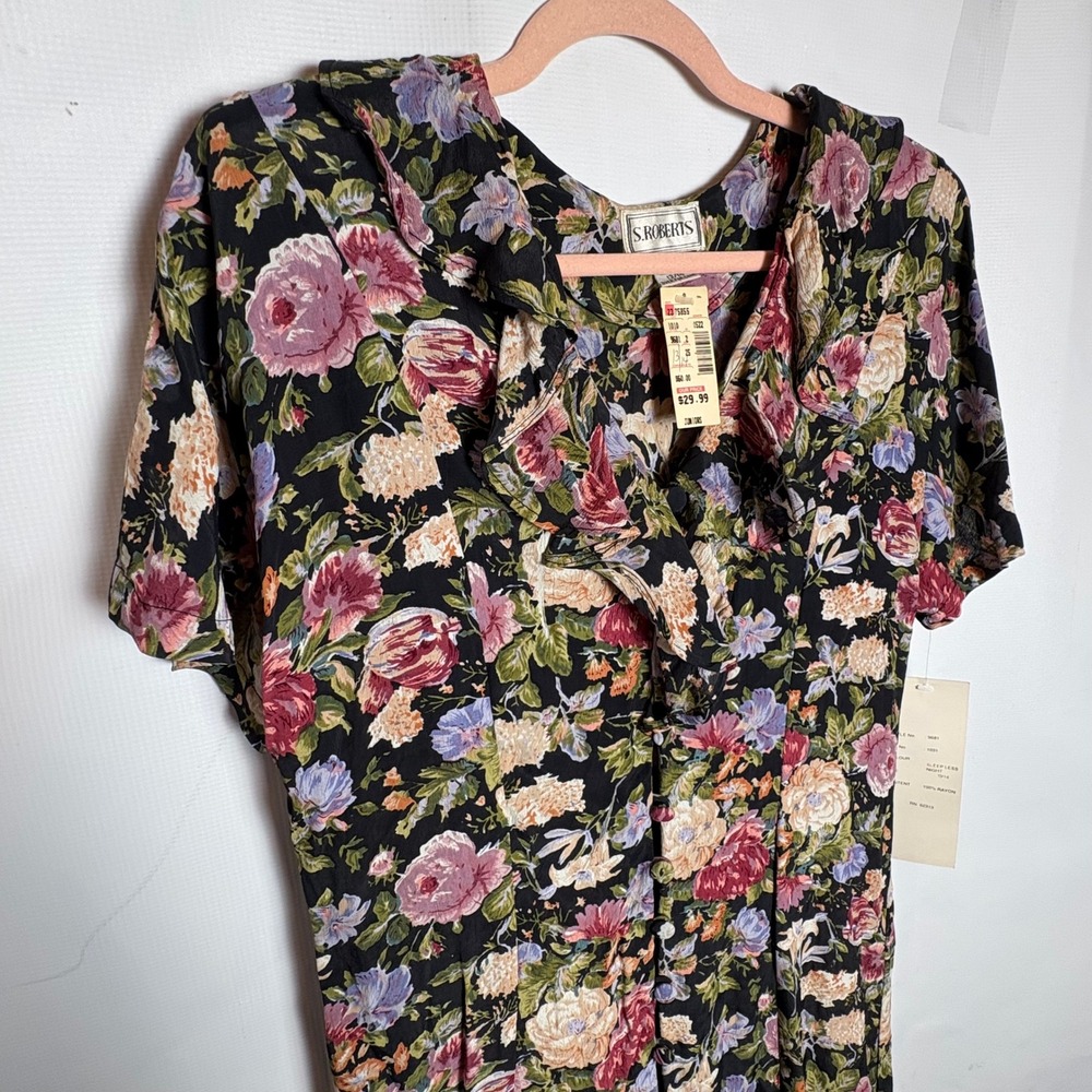 NWT S. Roberts Vintage 90s Dark Floral Maxi Dress Button Front Ruffle 13/14 - Picture 2 of 9